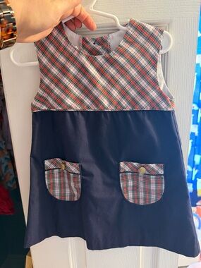 TBBC Navy Dress with Red & Green Plaid Bodice and Pockets